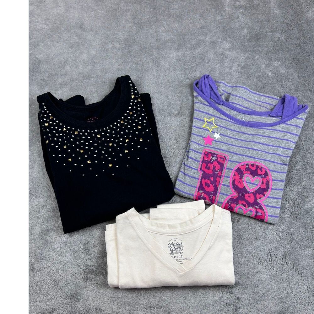 Faded Glory Girls L 10/12 Tops Lot of 3 Rhinestone Graphic Striped V-Neck